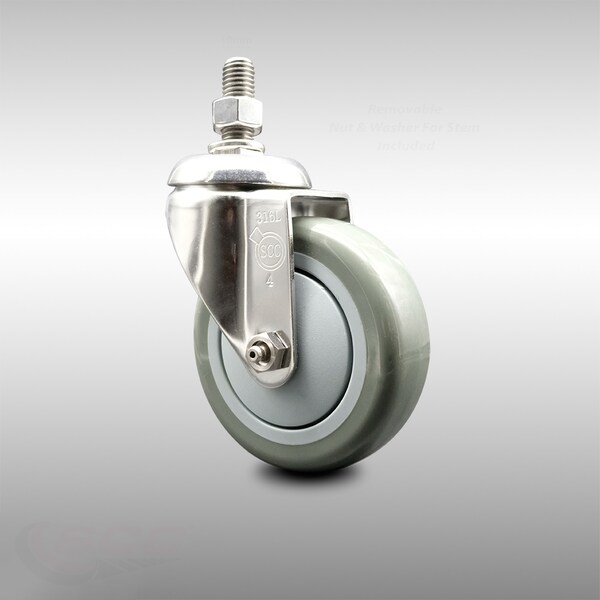 4 Inch 316SS Gray Polyurethane Wheel Swivel 10mm Threaded Stem Caster SCC